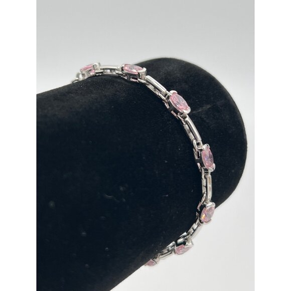 Sterling Silver Pink Gemstone Link Bracelet With Detailed Chain Design - Picture 2 of 6